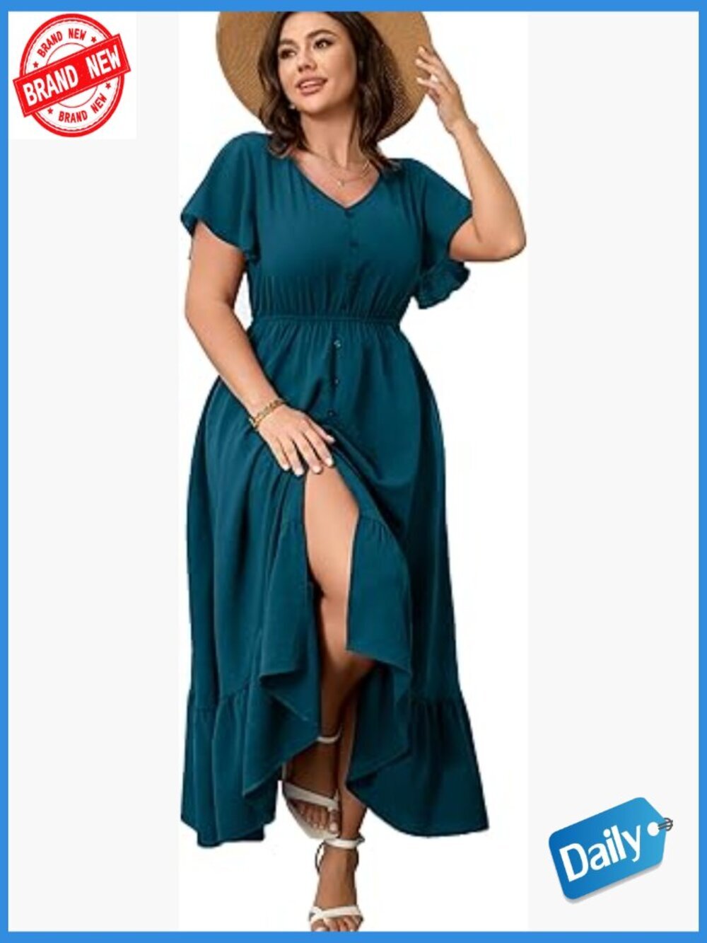 Plus Size Maxi Dress V Neck Button Trim Split Flowy Tiered Casual Long Dress